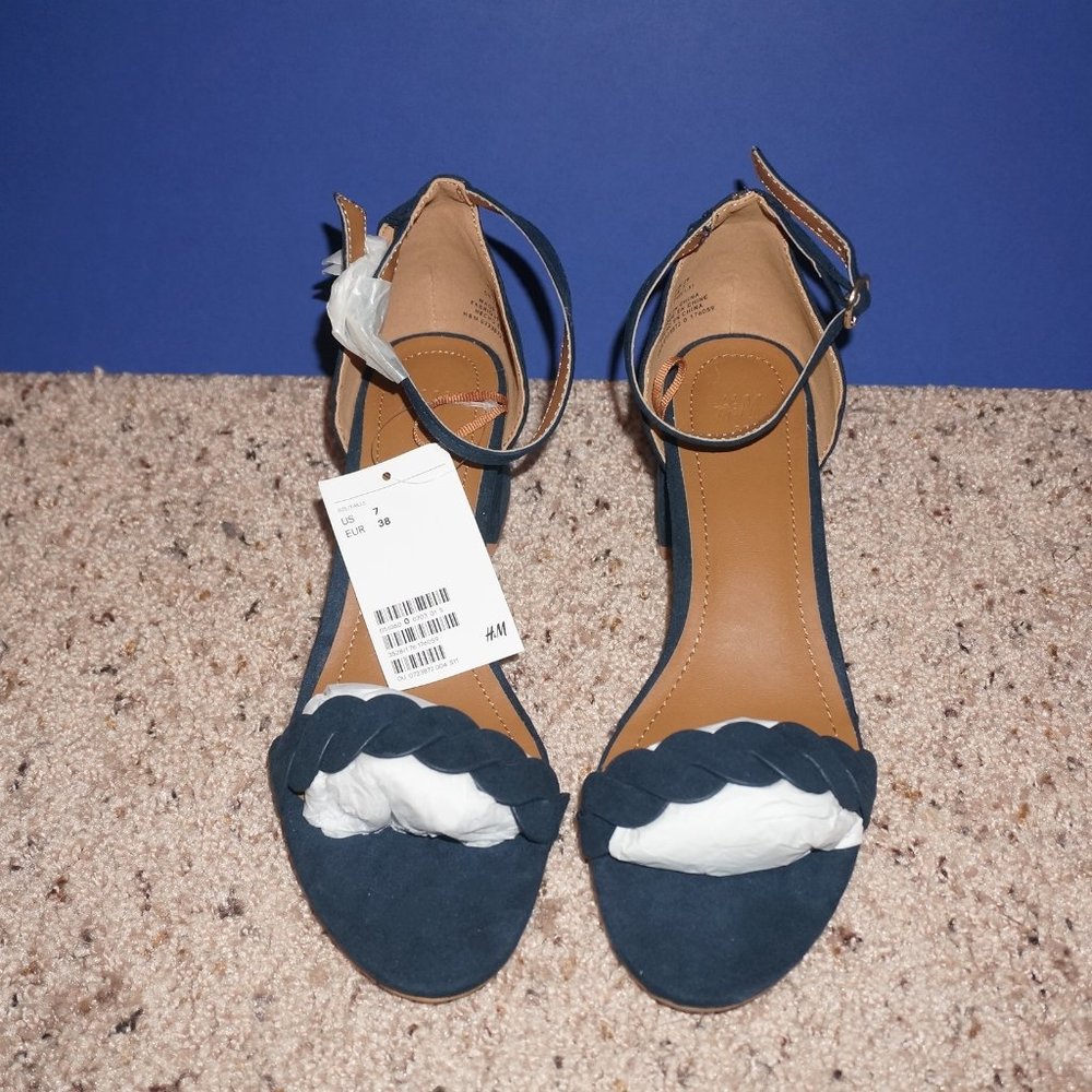 H&M Women's Navy Open Toe Block Heel Ankle Strap